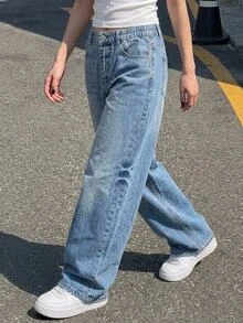 SHEIN Tween Girl Y2K Vintage Washed High Waist Cat Whisker Loose Wide Leg Denim Jeans, Autumn/Winter Back To School Street Style - Medium Wash - View 9