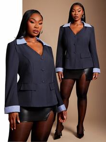 SHEIN SXY Autumn/Winter 2 In 1 V-Neck Button Pocket Long Sleeve Blazer Jacket - Navy Blue - View 2