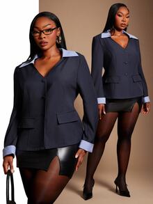SHEIN SXY Autumn/Winter 2 In 1 V-Neck Button Pocket Long Sleeve Blazer Jacket - Navy Blue - View 3