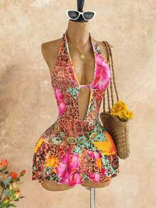 Mistrie Women Boho Tropical Sleeveless Halter Mini Dress Knitted Fabric Brown And Pink Polka Dot Random Print Flounce Hem A Line Beach Vacation Summer - Multicolor - View 2