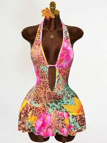 Mistrie Women Boho Tropical Sleeveless Halter Mini Dress Knitted Fabric Brown And Pink Polka Dot Random Print Flounce Hem A Line Beach Vacation Summer - Multicolor - View 5