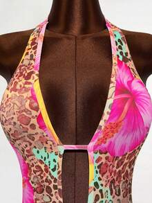 Mistrie Women Boho Tropical Sleeveless Halter Mini Dress Knitted Fabric Brown And Pink Polka Dot Random Print Flounce Hem A Line Beach Vacation Summer - Multicolor - View 6