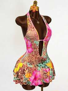 Mistrie Women Boho Tropical Sleeveless Halter Mini Dress Knitted Fabric Brown And Pink Polka Dot Random Print Flounce Hem A Line Beach Vacation Summer - Multicolor - View 4