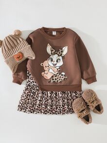 THE HAPPY LOOK Young Girls Dresses Vintage Fashion Versatile Casual Daily 2-In-1 Crew Neck Sweatshirt Leopard Print Rabbit Graphic Dress Autumn/Winter - Brown - View 3