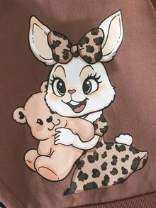 THE HAPPY LOOK Young Girls Dresses Vintage Fashion Versatile Casual Daily 2-In-1 Crew Neck Sweatshirt Leopard Print Rabbit Graphic Dress Autumn/Winter - Brown - View 4