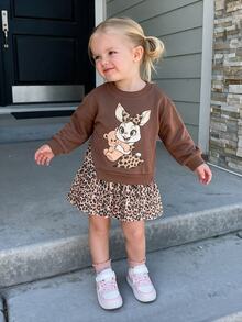 THE HAPPY LOOK Young Girls Dresses Vintage Fashion Versatile Casual Daily 2-In-1 Crew Neck Sweatshirt Leopard Print Rabbit Graphic Dress Autumn/Winter - Brown - View 5
