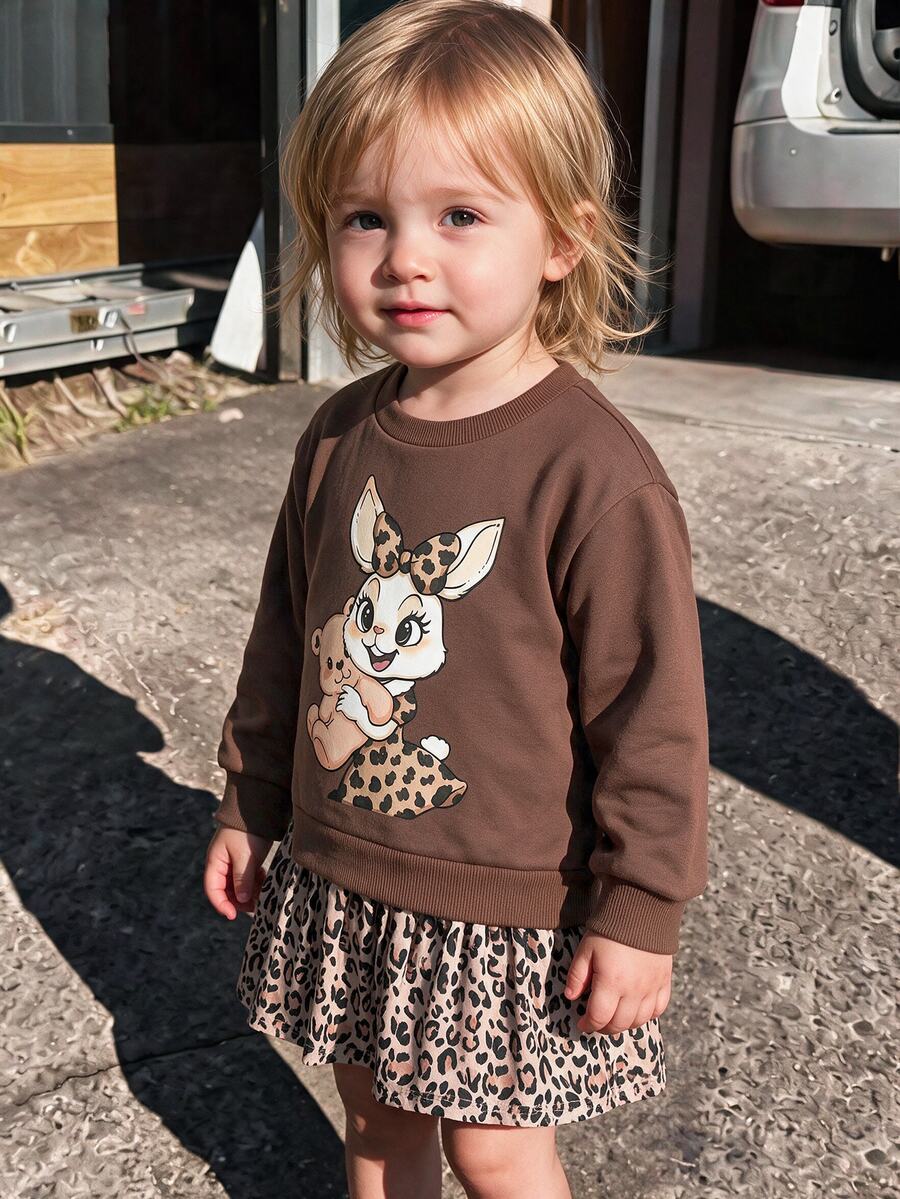 THE HAPPY LOOK Young Girls Dresses Vintage Fashion Versatile Casual Daily 2-In-1 Crew Neck Sweatshirt Leopard Print Rabbit Graphic Dress Autumn/Winter - Brown - View 1