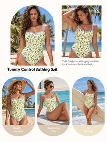 SHEIN Swim 黃色夏季可愛海灘度假連身泳衣，海洋生物印花對比色細肩帶露背高衩三角修身泳裝套裝 - 彩色 - 查看 9