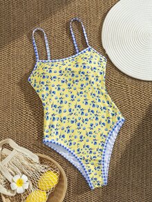 SHEIN Swim 黃色夏季可愛海灘度假連身泳衣，海洋生物印花對比色細肩帶露背高衩三角修身泳裝套裝 - 彩色 - 查看 3