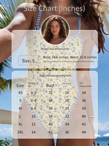 SHEIN Swim 黃色夏季可愛海灘度假連身泳衣，海洋生物印花對比色細肩帶露背高衩三角修身泳裝套裝 - 彩色 - 查看 7