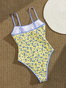 SHEIN Swim 黃色夏季可愛海灘度假連身泳衣，海洋生物印花對比色細肩帶露背高衩三角修身泳裝套裝 - 彩色 - 查看 2