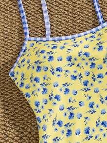 SHEIN Swim 黃色夏季可愛海灘度假連身泳衣，海洋生物印花對比色細肩帶露背高衩三角修身泳裝套裝 - 彩色 - 查看 5