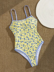 SHEIN Swim 黃色夏季可愛海灘度假連身泳衣，海洋生物印花對比色細肩帶露背高衩三角修身泳裝套裝 - 彩色 - 查看 4