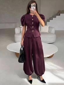 Aloruh 女款套裝套組，新款秋季外套套裝，女款秋季服飾，女款職場套裝，深紫色套裝配燈籠褲，適合於 - 紫色 - 查看 3