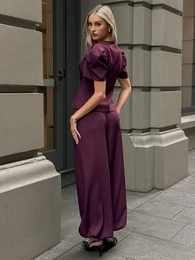 Aloruh 女款套裝套組，新款秋季外套套裝，女款秋季服飾，女款職場套裝，深紫色套裝配燈籠褲，適合於 - 紫色 - 查看 2