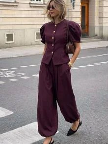 Aloruh 女款套裝套組，新款秋季外套套裝，女款秋季服飾，女款職場套裝，深紫色套裝配燈籠褲，適合於 - 紫色 - 查看 4
