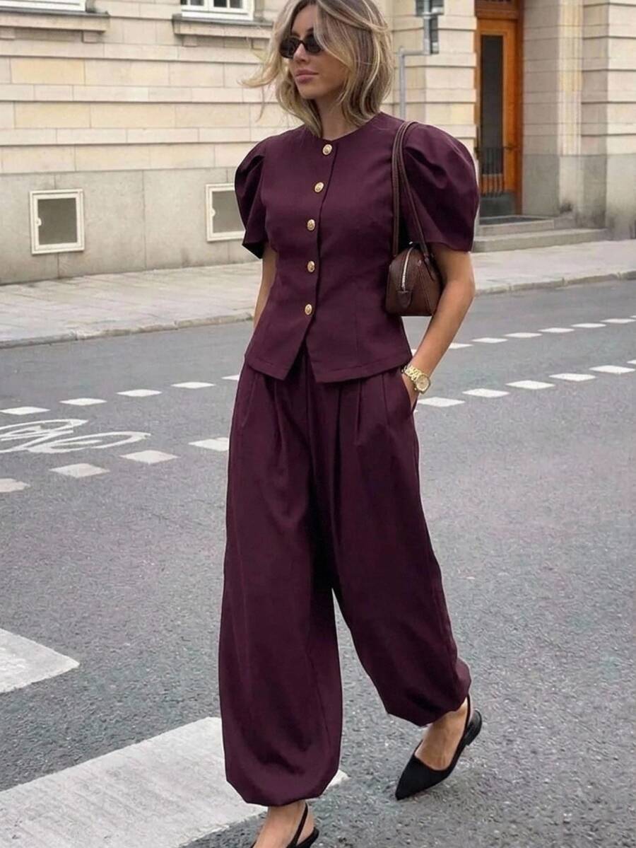 Aloruh Women Suit Sets,New Fall Styles Coat Set Fall Clothes For Women Work Outfits For Women Deep Purple Suit Set With Lantern Trousers-Suitable For The - Purple - View 1