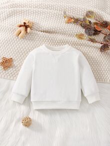 SHEIN 1pc Baby Boy Girl Unisex Infant Toddler 6M-3 Years Casual White Long-Sleeved Crew Neck Pullover Sweatshirt Autumn Basic Modest Simple And Versatile - White - View 7