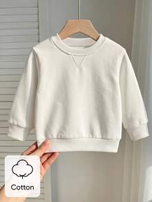 SHEIN 1pc Baby Boy Girl Unisex Infant Toddler 6M-3 Years Casual White Long-Sleeved Crew Neck Pullover Sweatshirt Autumn Basic Modest Simple And Versatile - White - View 2