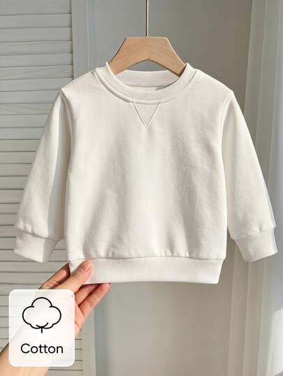 SHEIN 1pc Baby Boy Girl Unisex Infant Toddler 6M-3 Years Casual White Long-Sleeved Crew Neck Pullover Sweatshirt Autumn Basic Modest Simple And Versatile