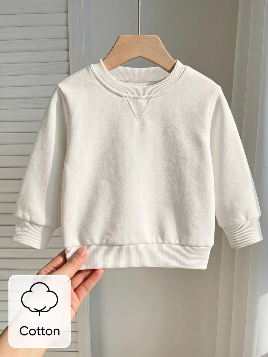 SHEIN 1pc Baby Boy Girl Unisex Infant Toddler 6M-3 Years Casual White Long-Sleeved Crew Neck Pullover Sweatshirt Autumn Basic Modest Simple And Versatile