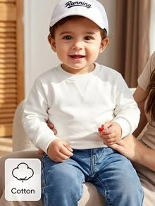 SHEIN 1pc Baby Boy Girl Unisex Infant Toddler 6M-3 Years Casual White Long-Sleeved Crew Neck Pullover Sweatshirt Autumn Basic Modest Simple And Versatile - White - View 4