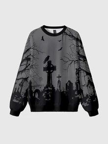 ROMWE Dark Gothic Tomb Cross Halloween Autumn/Winter Mysterious Horror Skeleton Cute Crew Neck Long Sleeve Women's Sweatshirt - Black - View 1