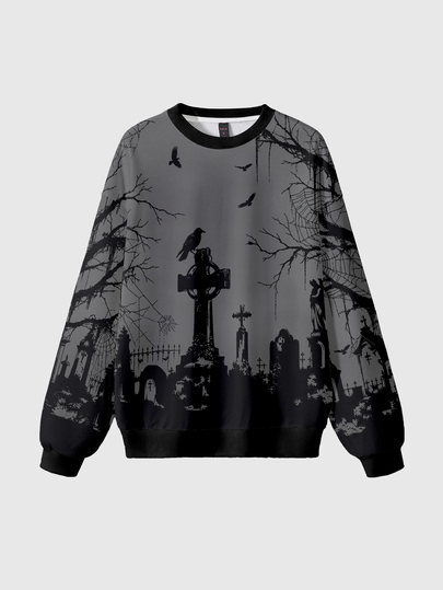 Dark Gothic Tomb Cross Halloween Autumn/Winter Mysterious Horror Skeleton Cute Crew Neck Long Sleeve Women's Sweatshirt