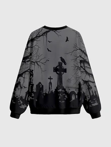 ROMWE Dark Gothic Tomb Cross Halloween Autumn/Winter Mysterious Horror Skeleton Cute Crew Neck Long Sleeve Women's Sweatshirt - Black - View 2