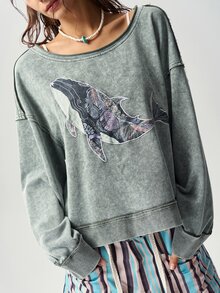 Bohemela Women's Whale Embroidery Pattern Asymmetrical Shoulder Casual 2000s Retro Vintage 70s 90s Everyday Travel Sweatshirt Green Fall Night Out - Army Green - View 5