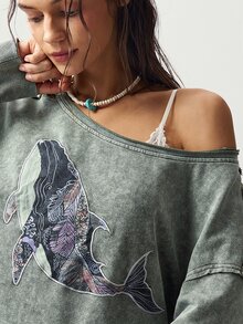 Bohemela Women's Whale Embroidery Pattern Asymmetrical Shoulder Casual 2000s Retro Vintage 70s 90s Everyday Travel Sweatshirt Green Fall Night Out - Army Green - View 2