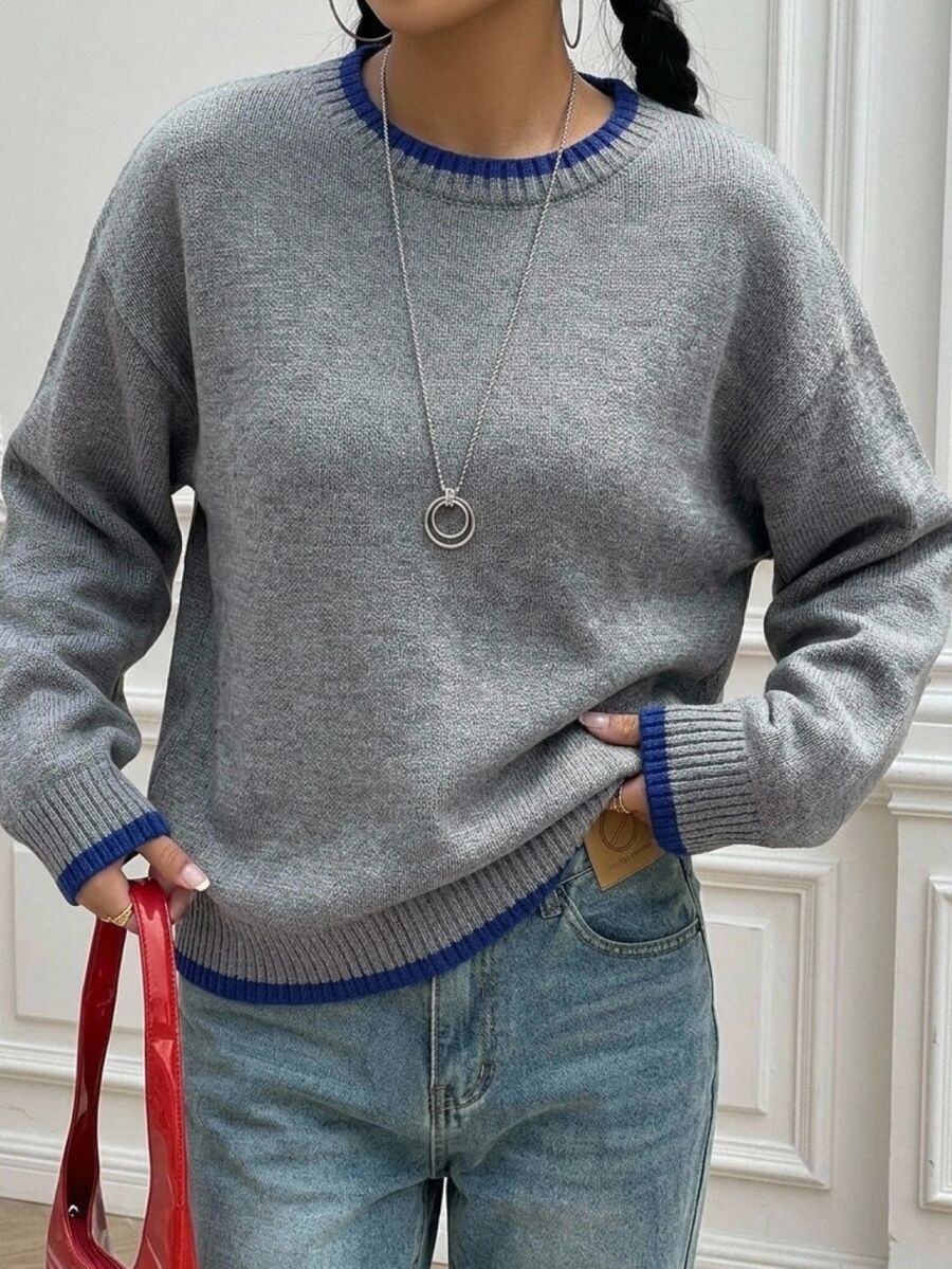 Kids Tween Girl Fall/Winter Fashion Round Neck Colorblock Pullover Loose Drop Shoulder Long Sleeve Sweater, Suitable For Back To School, Fall Tops - Light Grey - View 1