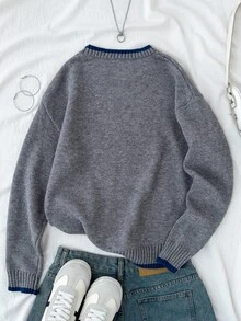 Kids Tween Girl Fall/Winter Fashion Round Neck Colorblock Pullover Loose Drop Shoulder Long Sleeve Sweater, Suitable For Back To School, Fall Tops - Light Grey - View 2