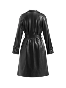 SHEIN Clasi 女款長袖PU皮革豹紋內裡優雅街頭風風衣，冬季衣物，萬聖節夜晚黑色外出穿搭 - 黑色 - 查看 9