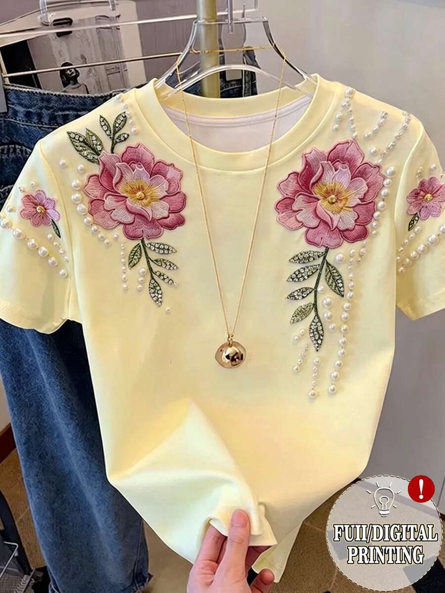 Resyla 【印花設計】女款圓領花卉刺繡圖案仿珍珠裝飾休閒百搭日常穿著短袖T恤 - 黃色 - 查看 1