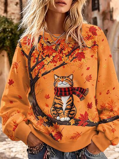 Breezaya Plus Size Women's "Just A Girl Who Loves Fall" Graphic Sweatshirt, Game Day Outfits, Pumpkin Football Sunflower Print Halloween & Thanksgiving Sweater