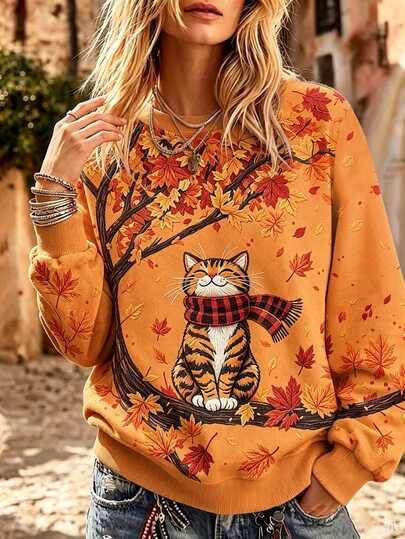 Breezaya Plus Size Women's "Just A Girl Who Loves Fall" Graphic Sweatshirt, Game Day Outfits, Pumpkin Football Sunflower Print Halloween & Thanksgiving Sweater