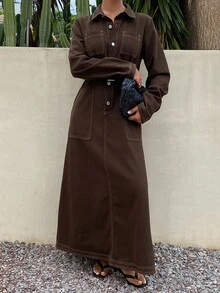 Livesso Summer Autumn Cotton Collared Long Sleeve Button Tie Waist Big Pocket Dark Brown Denim Dress - Coffee - View 4