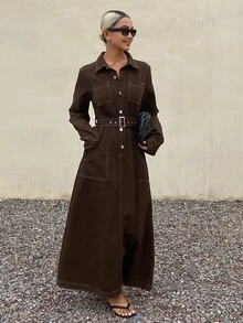 Livesso Summer Autumn Cotton Collared Long Sleeve Button Tie Waist Big Pocket Dark Brown Denim Dress - Coffee - View 3