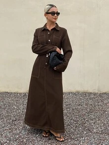 Livesso Summer Autumn Cotton Collared Long Sleeve Button Tie Waist Big Pocket Dark Brown Denim Dress - Coffee - View 1