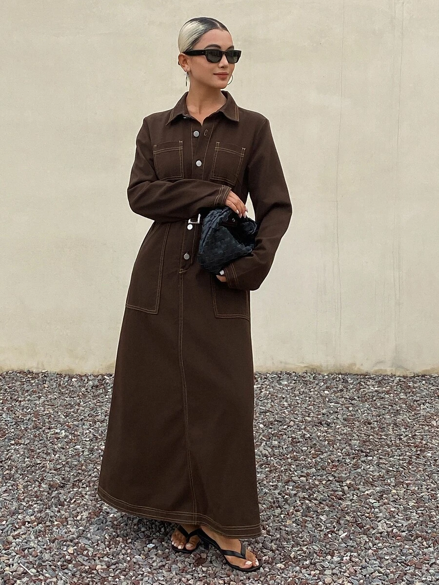 Livesso Summer Autumn Cotton Collared Long Sleeve Button Tie Waist Big Pocket Dark Brown Denim Dress - Coffee - View 1