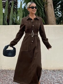 Livesso Summer Autumn Cotton Collared Long Sleeve Button Tie Waist Big Pocket Dark Brown Denim Dress - Coffee - View 6