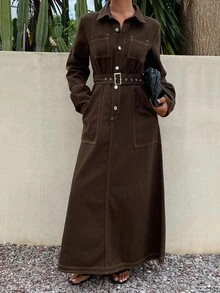 Livesso Summer Autumn Cotton Collared Long Sleeve Button Tie Waist Big Pocket Dark Brown Denim Dress - Coffee - View 5