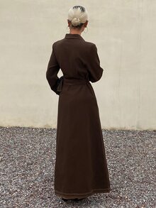 Livesso Summer Autumn Cotton Collared Long Sleeve Button Tie Waist Big Pocket Dark Brown Denim Dress - Coffee - View 2