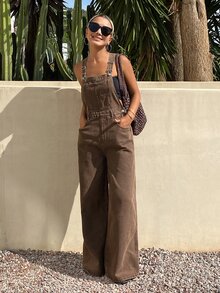 Livesso 女款鈕扣設計口袋寬鬆休閒 2000年代街頭風牛仔吊褲褲 咖啡棕 夏季度假 外出旅行 假日穿搭 - 棕色 - 查看 1
