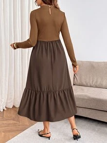 SHEIN 孕婦純色圓領荷葉邊下擺時尚優雅長袖哺乳洋裝 秋季 - 咖啡棕 - 查看 4