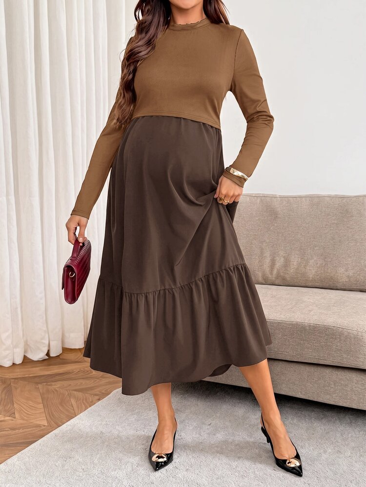 SHEIN Maternity Solid Color Round Neck Ruffle Hem Fashionable Elegant Long Sleeve Nursing Dress Fall - Coffee Brown - View 8