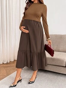 SHEIN 孕婦純色圓領荷葉邊下擺時尚優雅長袖哺乳洋裝 秋季 - 咖啡棕 - 查看 10