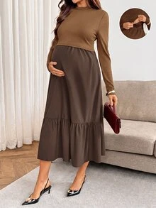 SHEIN 孕婦純色圓領荷葉邊下擺時尚優雅長袖哺乳洋裝 秋季 - 咖啡棕 - 查看 7