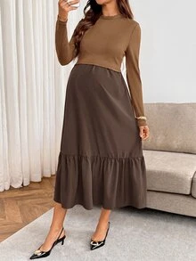 SHEIN 孕婦純色圓領荷葉邊下擺時尚優雅長袖哺乳洋裝 秋季 - 咖啡棕 - 查看 9